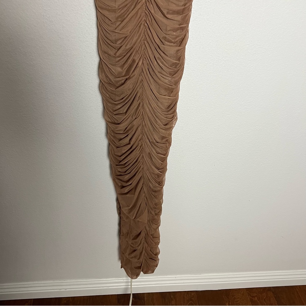 House of CB Fornarina Organza Mesh Ruched Maxi Dress Tan Size Small - Picture 11 of 12